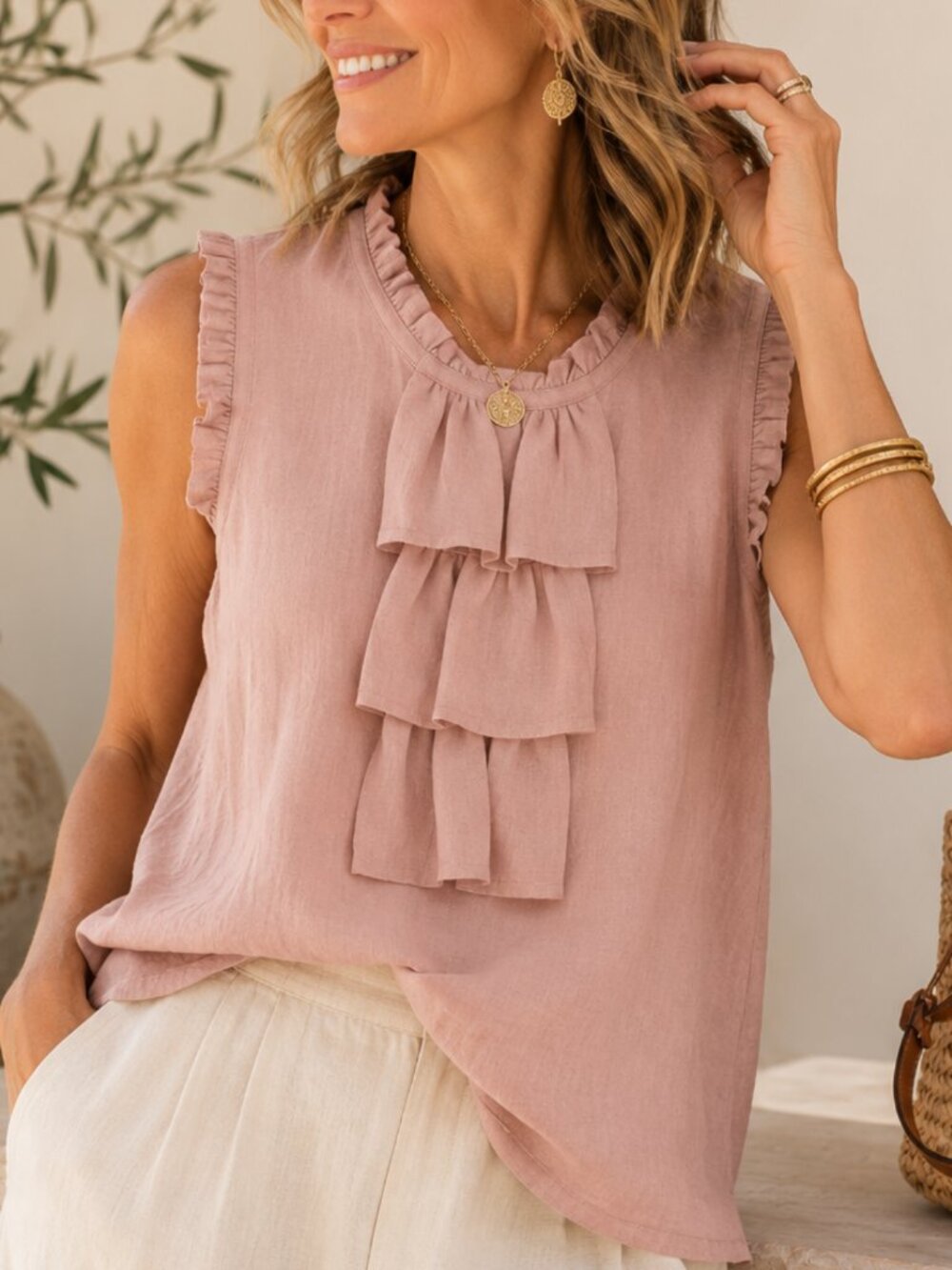 Linen Blend Jabot Ruffle Blouse Dusty Pink L Romantic Cottagecore Prairie NWT